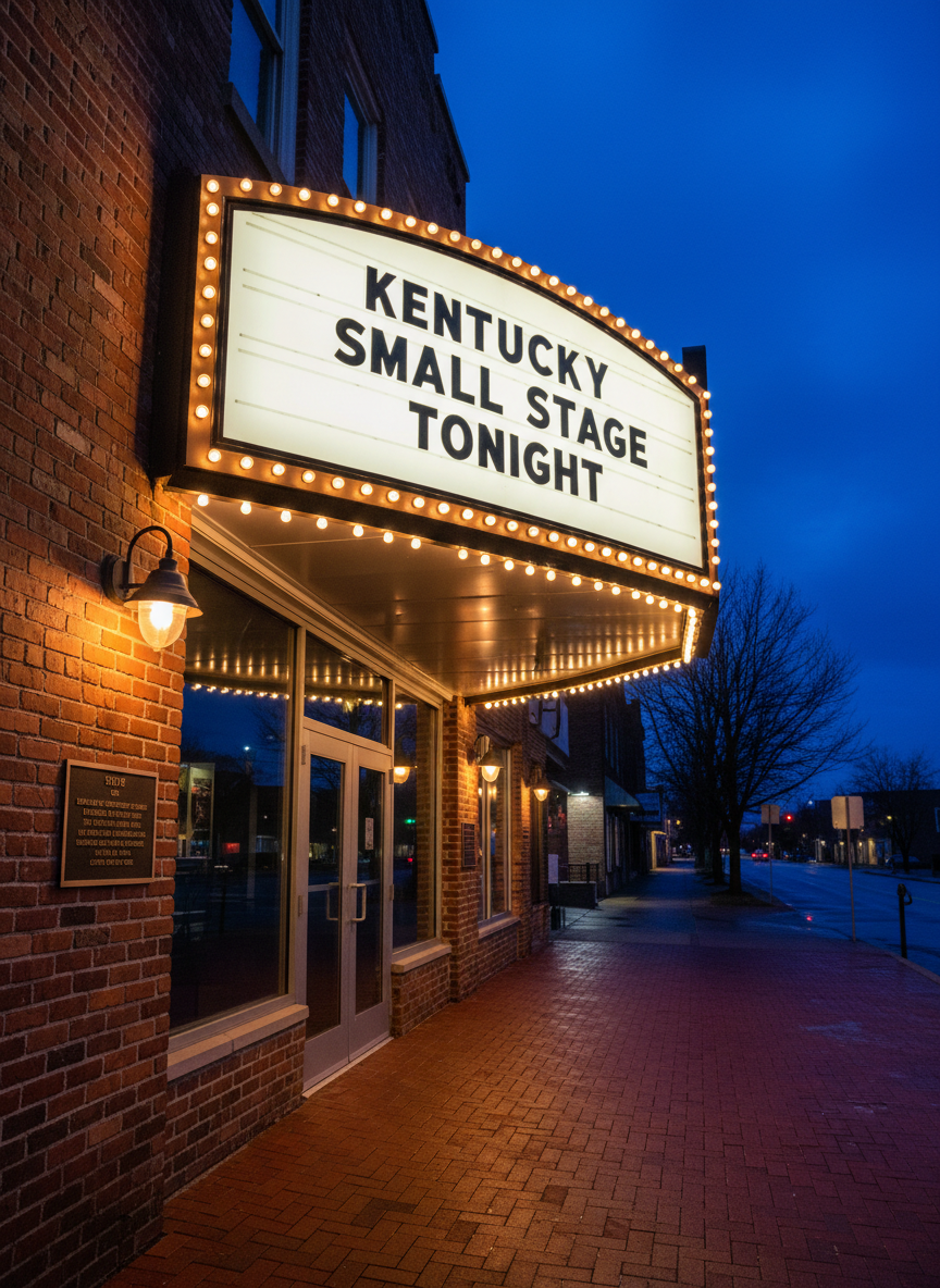 A classic Kentucky community theater facade at dusk, captured in photographic realism, with a restored brick exterior and a modest marquee glowing with soft white bulbs that spell out “Kentucky Small Stage Tonight.” The glass entrance doors reflect a deepening blue sky and the faint silhouettes of nearby trees, while a narrow sidewalk leads directly to the entrance, emphasizing accessibility and intimacy. Warm, balanced exterior lighting gently highlights the brick texture and the crisp, modern typography of the signage. Shot from a slightly low angle, using the rule of thirds to frame the marquee against the sky, the composition feels inviting yet professional, suggesting a well-run venue focused on connecting performances with local audiences.