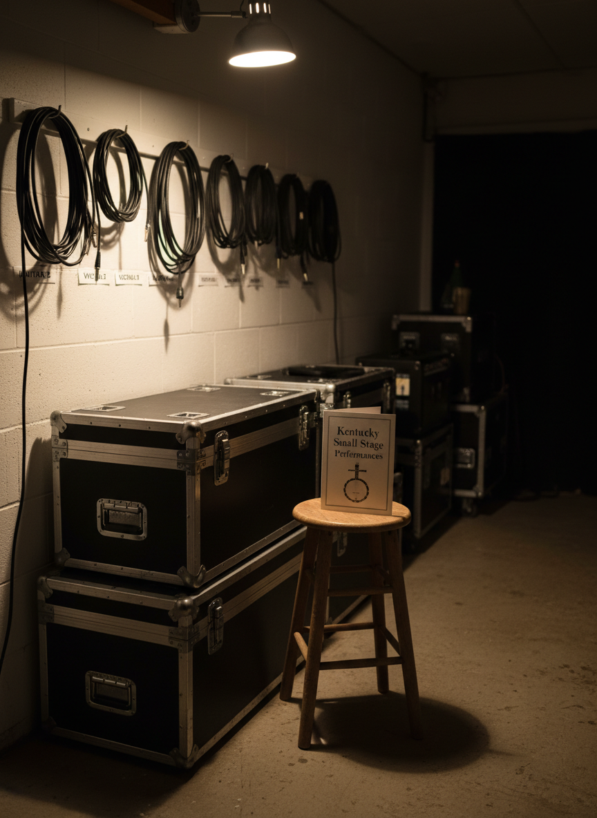 A neatly organized backstage equipment corner in a small Kentucky venue, captured in clean photographic realism. Black hard-shell instrument cases are stacked against a painted cinderblock wall, with neatly coiled XLR cables hanging on labeled hooks. A modest wooden stool holds a folded show program reading “Kentucky Small Stage Performances” in elegant serif type. Overhead, a single adjustable work light casts focused, warm illumination, creating crisp highlights on metal clasps and subtle shadows along the floor. The background gently falls off into darkness, suggesting more equipment beyond. Shot from a slightly elevated three-quarter angle, with sharp focus on the foreground and mild background blur, the mood is professional, organized, and quietly industrious, capturing the behind-the-scenes precision that supports live shows.