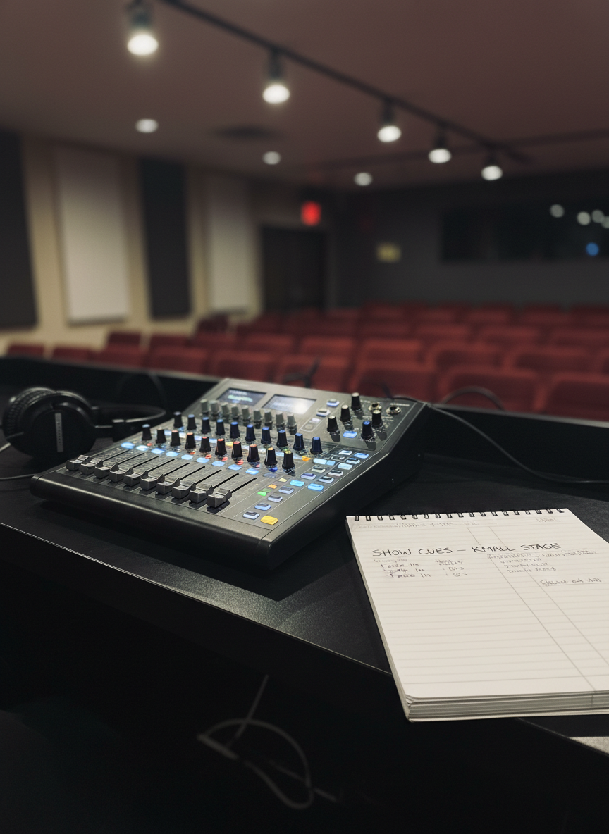 A close-up, photographic realism shot of a small, well-lit soundboard station in a Kentucky performance space. A compact digital mixer with illuminated faders and soft-glowing level meters sits on a smooth black desk surface. Beside it, a notebook labeled “Show Cues – Kentucky Small Stage” lies open with neatly written cues and penciled timing marks. A pair of over-ear studio headphones rests gently on the mixer’s edge. Overhead track lighting provides even, neutral illumination, creating subtle reflections on the knobs and metal surfaces while leaving the surrounding room tastefully subdued. Captured from a slightly elevated, diagonal angle with a shallow depth of field, the focus remains on the mixer and notes, conveying a meticulous, professional atmosphere that underscores the technical craft behind every performance.